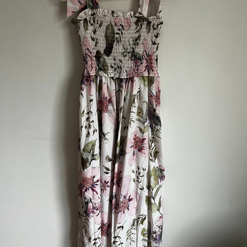 Womens Smocked Top Dress Sleeveless Tie Shoulder Botanical Print White Pink M
